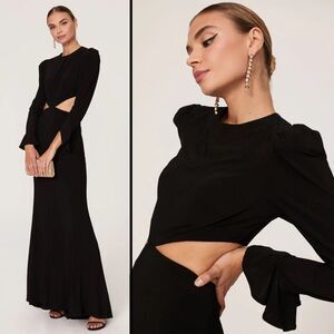 NEW $398 Mac Duggal Size 6 Black Puff Long Bell Sleeve Cut Out Maxi Gown Dress
